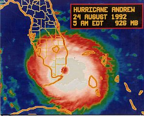 NOAA enhanced infrared sattelite screenshot of Hurricane Andrew in 1992.